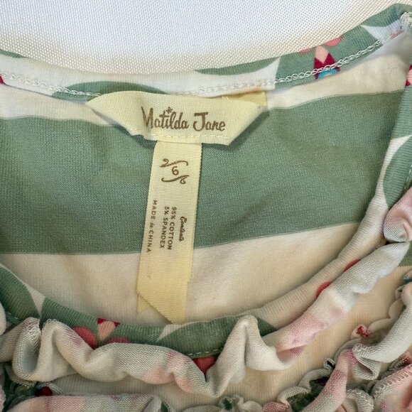 Matilda Jane Girls Striped Dress Size 6 Green/Cream Cap Sleeve Ruffle Collar - Picture 11 of 11